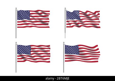 Set di bandiere USA. Raccolta di bandiere americane che si muovono nel vento in vettore Illustrazione Vettoriale