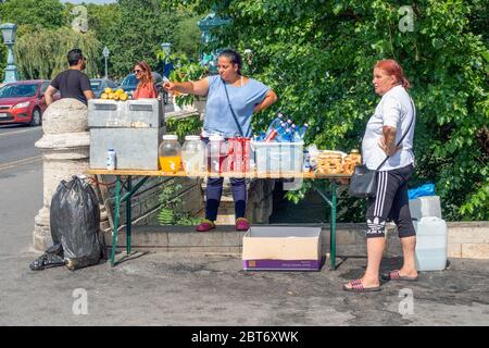 Venditore di strada con bevande e spuntini vicino a Piazza degli Eroi Budapest Foto Stock