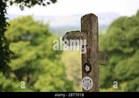 Vecchio sentiero in legno battuto di tempo per i Roaches nel Peak District Foto Stock