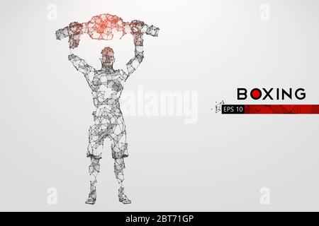 Silhouette astratta di un pugile a reticolo con guanti da boxe su sfondo bianco. Boxer è vincitore. Vettore Illustrazione Vettoriale