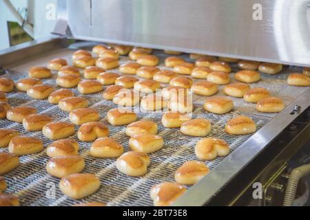 Pasticceria su linea di trasporto, stabilimento di produzione alimentare, primo piano. Foto Stock