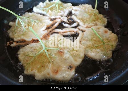 Elderflowers in pastella pancake fritti in padella, Foto Stock