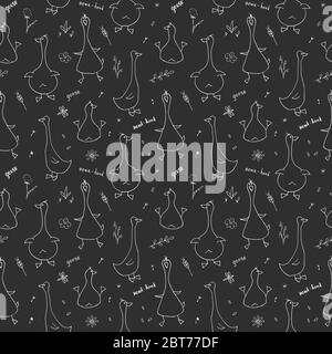 Cute Goose Seamless Pattern, Cartoon Disegnato A Mano Goose Doodles Vector Background Illustration . Illustrazione Vettoriale