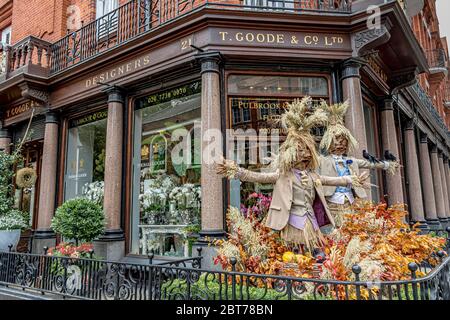 Mostra autunnale di caverelle fuori Thomas Goode & Co una cina, argenteria e negozio di vetro al 19 South Audley Street a Mayfair, Londra Foto Stock