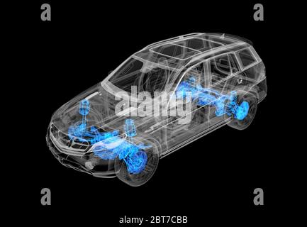 Illustrazione tecnica 3d di un'auto SUV con effetto raggi X. Freni e sistemi di sospensione. Vista prospettica su sfondo nero. Foto Stock