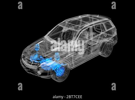 Illustrazione tecnica 3d di un'auto SUV con effetto raggi X. Freni anteriori e sistemi di sospensione. Vista prospettica su sfondo nero. Foto Stock