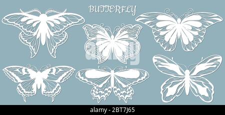 Immagine con l'iscrizione-farfalla. Impostazione. Modello con illustrazione vettoriale delle farfalle. Per taglio laser, plotter e serigrafia..... Illustrazione Vettoriale