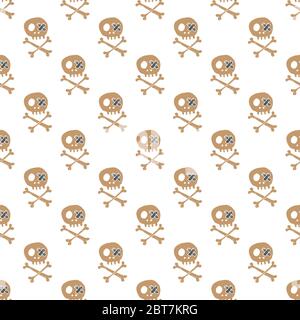 Teschi e ossa senza cuciture. Cute Doodles schizzo pirata. Illustrazione del vettore cartoon disegnata a mano. Illustrazione Vettoriale
