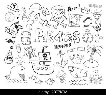 Set di barbette pirata. Carino oggetti pirati sketch raccolta. Illustrazione del vettore cartoon disegnata a mano. Illustrazione Vettoriale
