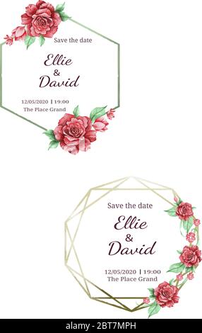 Salva la cornice del biglietto d'invito per matrimoni con watercolor vettore data con belle rose rosse su bianco Illustrazione Vettoriale