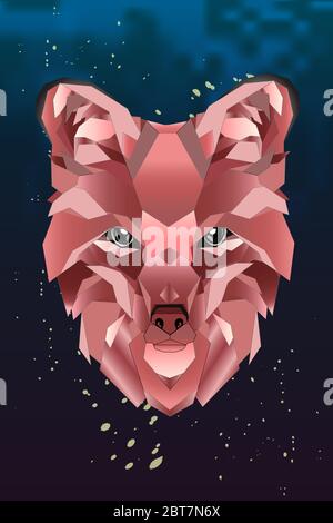 Testa poligonale lineare astratta di una volpe su sfondo scuro. Gradiente geometrico colore rosso animale. Illustrazione Illustrazione Vettoriale