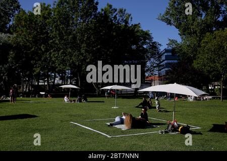 Cascais, Portogallo. 23 maggio 2020. La gente gode del sole mentre si siede in parecchie zone squadrate-fuori create dal comune per assicurare la distanza sociale nel parco di Alagoa durante la pandemia di Coronavirus COVID-19 a Cascais, Portogallo, il 23 maggio 2020. Il comune di Cascais ha implementato in diversi parchi cittadini l'iniziativa 'Summer nel Parco' che mira ad alleviare la pressione sulle spiagge. Credit: Pedro Feuza/ZUMA Wire/Alamy Live News Foto Stock