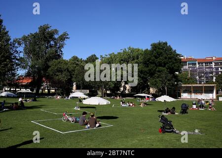 Cascais, Portogallo. 23 maggio 2020. La gente gode del sole mentre si siede in parecchie zone squadrate-fuori create dal comune per assicurare la distanza sociale nel parco di Alagoa durante la pandemia di Coronavirus COVID-19 a Cascais, Portogallo, il 23 maggio 2020. Il comune di Cascais ha implementato in diversi parchi cittadini l'iniziativa Ã¢â‚¬Å Estate nella ParkÃ¢â‚¬Â che mira ad alleviare la pressione sulle spiagge. Credit: Pedro Feuza/ZUMA Wire/Alamy Live News Foto Stock