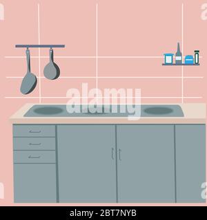 Cucina con set di mobili. Interno accogliente con tavolo, fornelli, armadio e piatti. Illustrazione vettoriale di stile piatto. Illustrazione Vettoriale