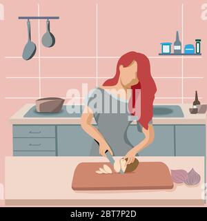 Donna casalinga che prepara il cibo in cucina. Illustrazione vettoriale in stile piatto Illustrazione Vettoriale