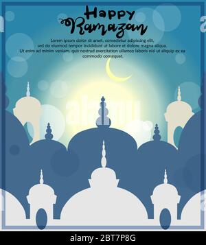 Ramadan Kareem bellissimo biglietto di auguri con calligrafia Happy Ramadan, sfondo islamico con moschee adatte anche per Eid Mubarak Illustrazione Vettoriale