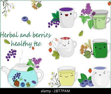 Set di diverse tazze di tè con frutti di bosco o erbe. Schizzo Illustrazione Vettoriale