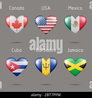 Paesi a forma di cuore delle bandiere del Nord America Illustrazione Vettoriale