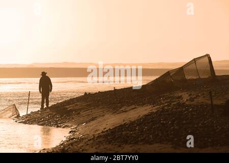 GREYMOUTH, NUOVA ZELANDA, SETTEMBRE 18 2019: Un uomo lavora il suo stand di whitbaiting alla foce del fiume Taramakau sulla costa occidentale del sud di Islan Foto Stock