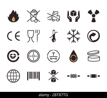 Design del set di icone a forma piatta, imballaggio in cartone, logistica trasporto e spedizione tema illustrazione vettoriale Illustrazione Vettoriale