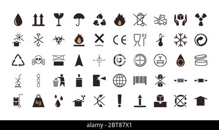 Design del set di icone a forma piatta, imballaggio in cartone, logistica trasporto e spedizione tema illustrazione vettoriale Illustrazione Vettoriale