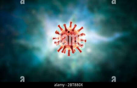 Virus all'interno di organismi su sfondo scuro, macro vista del nuovo virus SARS-COV-2 corona, rendering 3d. Concetto di ricerca sul coronavirus, pandemia COVID-19, Foto Stock