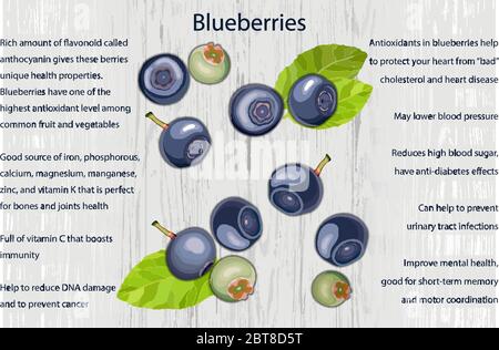 Infografiche benefici per la salute del mirtillo su sfondo di legno Illustrazione Vettoriale