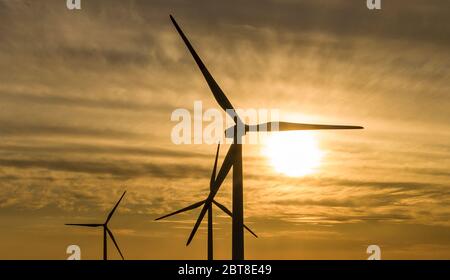 Werneuchen, Germania. 21 Maggio 2020. Mulini a vento si innalzano nel cielo a Werneuchen. (girato con un drone). Credit: Paul Zinken/dpa-Zentralbild/ZB/dpa/Alamy Live News Foto Stock