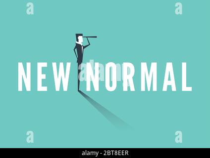 Uomo d'affari in piedi su un nuovo testo normale e con binocolo. Visione aziendale nuovo concetto normale. Illustrazione Vettoriale