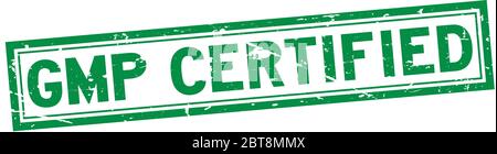 Grunge verde GMP (buona pratica di fabbricazione) certificato sigillo di gomma quadrata su sfondo bianco Illustrazione Vettoriale