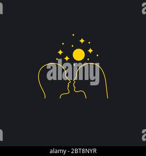 Uomo e donna sullo sfondo di stelle e luna. Incontri romantici online. Icona amore. Due profili Illustrazione Vettoriale