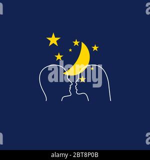 Uomo e donna sullo sfondo di stelle e luna. Incontri romantici online. Icona amore. Due profili Illustrazione Vettoriale