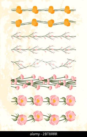 Set di andelioni gialli, peonia, fioritura di ciliegi, ramo di fiori rosa bordi senza giunture su sfondo testurizzato beige chiaro. Stampa su nastro vettoriale botanica. Illustrazione Vettoriale