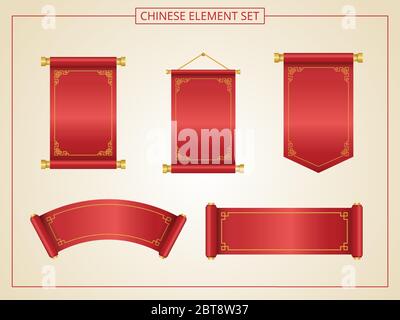 Rotolo cinese con colore rosso in stile papercut. Adatto per grafica, striscioni, carte, volantini e molti scopi Illustrazione Vettoriale