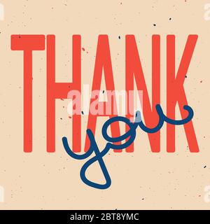 Grazie - cute iscrizione isolata e gocce di vernice. Colori calmi: Beige, rosso, blu. Per striscioni, poster, brochure, volantini e stampe su carta. Illustrazione Vettoriale