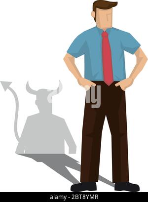 Uomo d'affari con un'ombra diabolica. Concetto di faking e betray. Illustrazione di cartoni animati vettoriali. Illustrazione Vettoriale