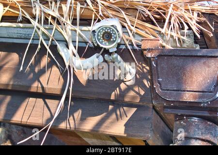 Questa foto unica mostra una telecamera nascosta sotto un tetto di paglia per monitorare l'area e garantire la sicurezza Foto Stock