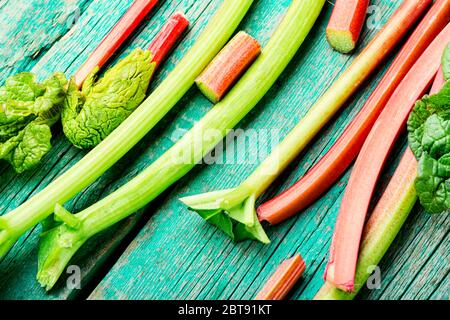 Rhubarb fresco stelo su retro tavola di legno. Pacchetto di steli e pezzi rabarbaro Foto Stock