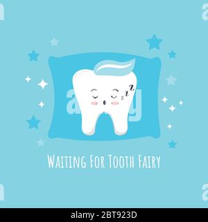 Simpatico baby tooth emoji dormire sul cuscino e stelle intorno. Illustrazione Vettoriale