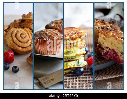 Bel collage dessert fatto da foto colorate dolci fatti in casa freschi dessert pastosi su sfondo di legno. Scheda, banner, menu Foto Stock