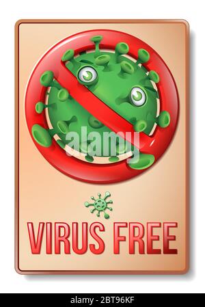 Un segno di divieto in stile retrò con un simpatico virus verde divertente - Virus Free Illustrazione Vettoriale