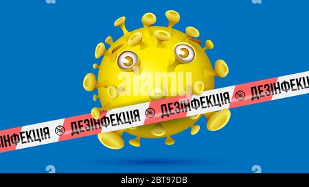 Virus giallo dietro nastro barriera rosso-bianco con impronta - ДЕЗIНФЕКЦIЯ - ucraino in lingua cirillica per disinfettato. Sfondo blu. Illustrazione Vettoriale