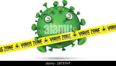 Un virus verde carino stile cartoon dietro un nastro di sicurezza giallo con il messaggio - Virus zone Illustrazione Vettoriale