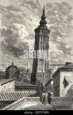 Torre Nueva. Torre pendente di Saragozza, Aragona. Spagna, Europa. Illustrazione incisa del 19 ° secolo, El Mundo en la mano 1878 Foto Stock