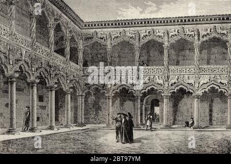 Cortile del Palazzo dei Duchi di Infantado a Guadalajara. Castilla la Mancha. Spagna, Europa. Illustrazione incisa del 19 ° secolo, El Mundo en la mano 1878 Foto Stock