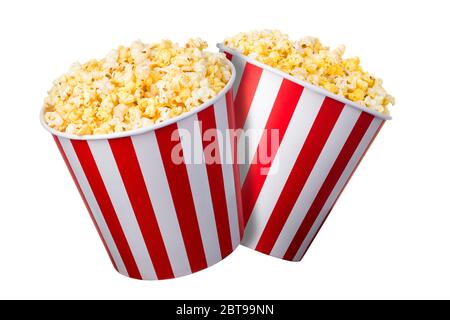 Set di secchi a strisce di carta con popcorn isolato su sfondo bianco Foto Stock