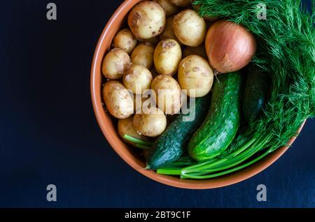 Verdure raccolte di fresco in una ciotola di creta. Aneto, cetrioli, patate e cipolle. Verdure self-grown. Vista dall'alto. Primo piano. Foto Stock