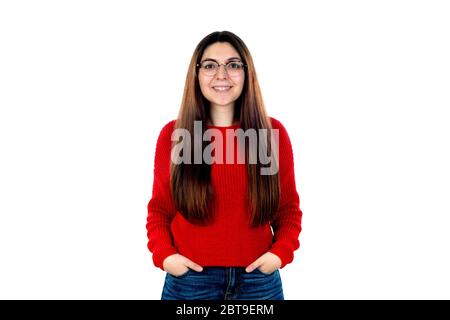 Bruna ragazza con bicchieri isolati su sfondo bianco Foto Stock