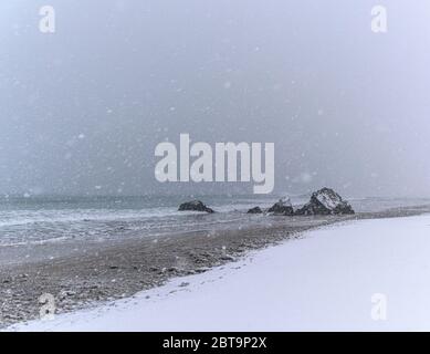 Spiaggia lungo la costa norvegese, coperta di neve durante una tempesta di neve Foto Stock
