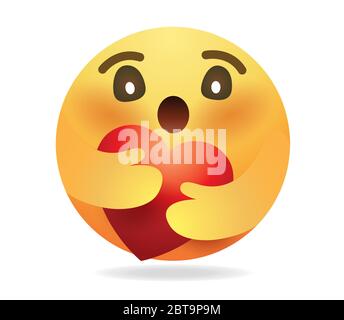 Emoticon Vector.Round giallo cartoon abbracciare cuore amore design per l'uso in chat, e-mail, massaggio e comment.Emoji con cuore rosso.Smiley vettore viso. Illustrazione Vettoriale